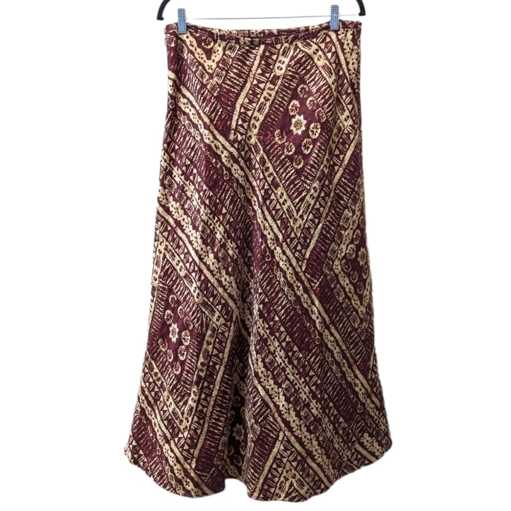 VALERIE Stevens Plum & Cream Silk Linen Blend Batik Tribal Print Maxi Skirt (12) - Picture 2 of 5